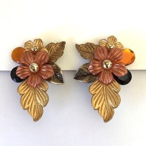 Vintage Statement Acrylic Clip On Earrings - Flowers Gold Rose Tones